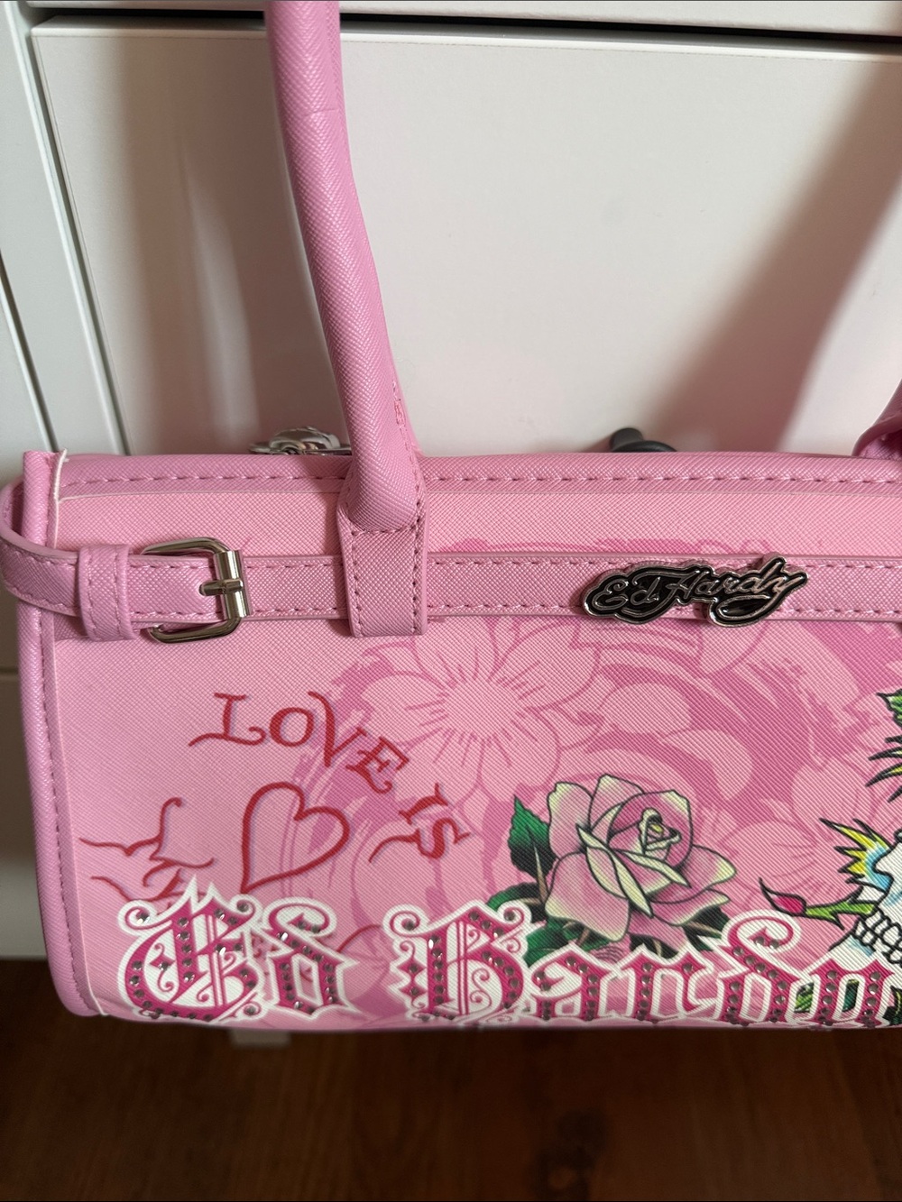 Ed Hardy Pink Floral Skull Shoulder Bag - Picture 3 of 7